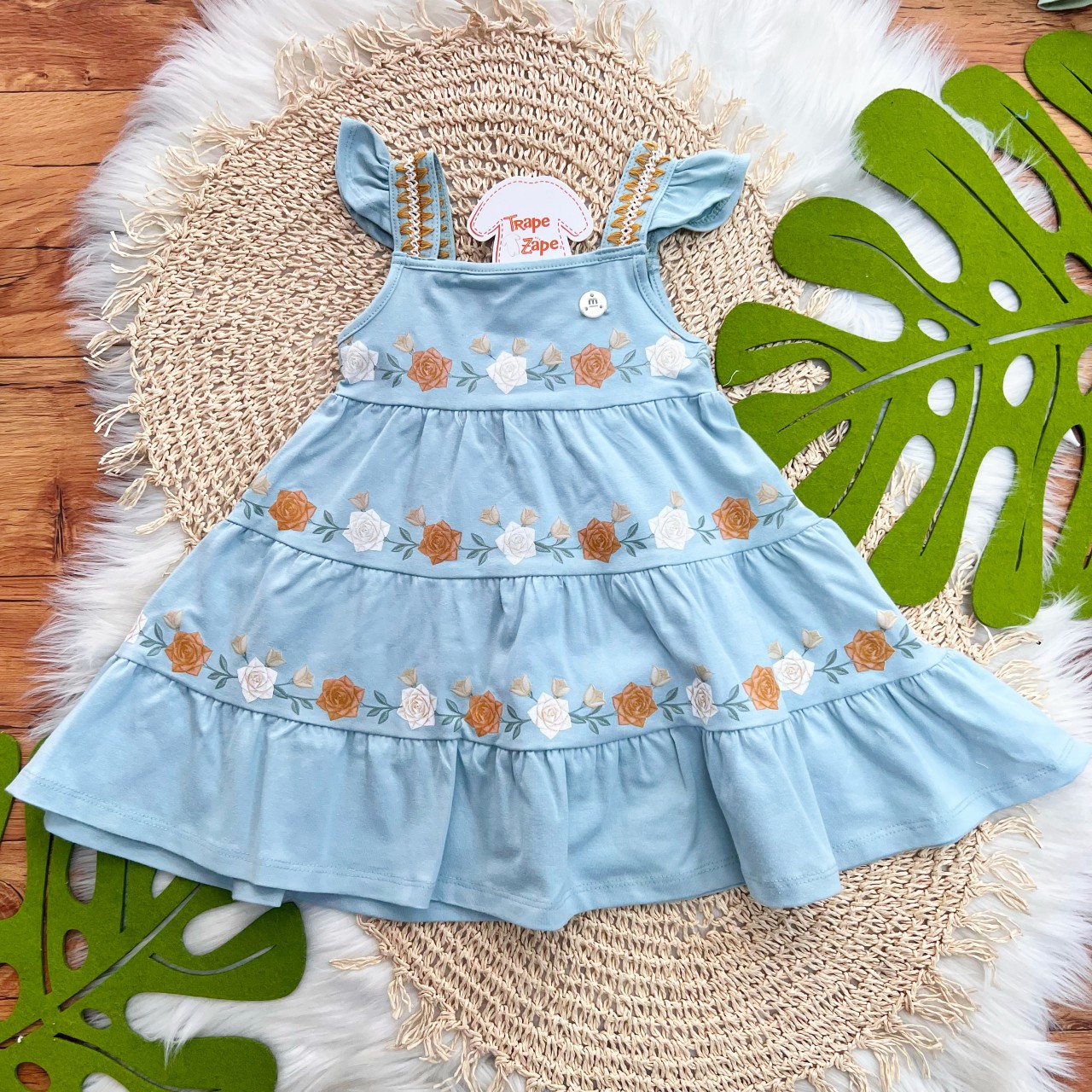  Vestido com Rosas Ferrugem e Branca - Azul